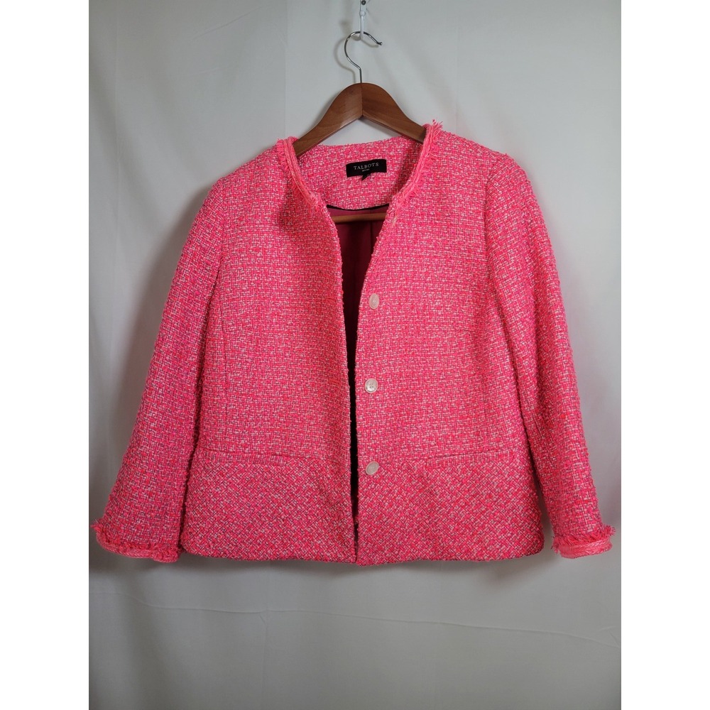 Talbots Petites 12P Hot Pink Tweed Frayed Trim Button Front Blazer Jacket